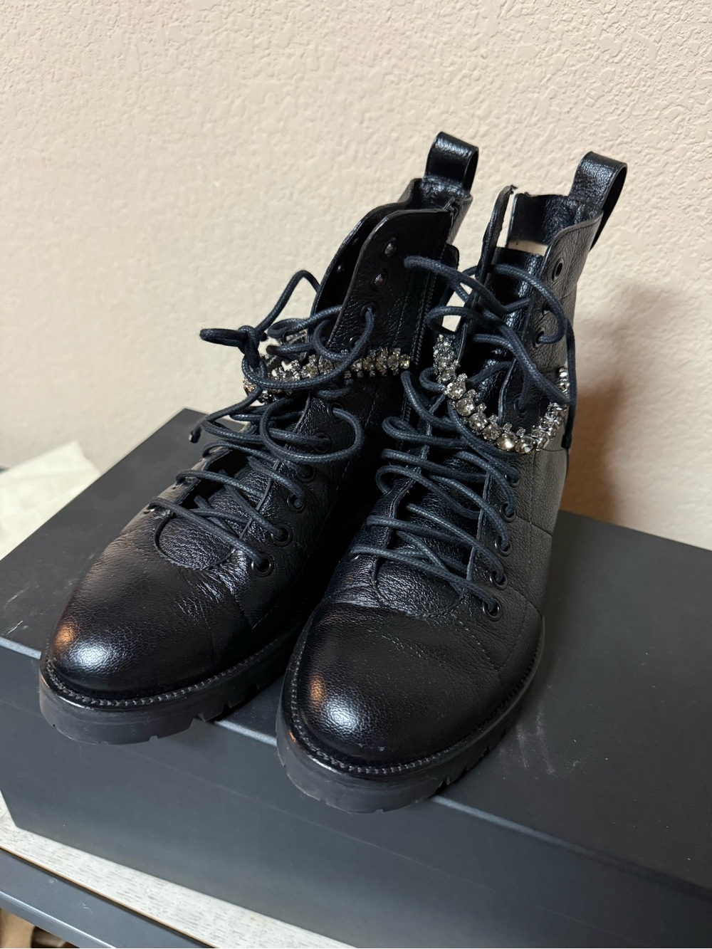 Jimmy Choo Black Lace-Up Combat Boots with Crystal Chain